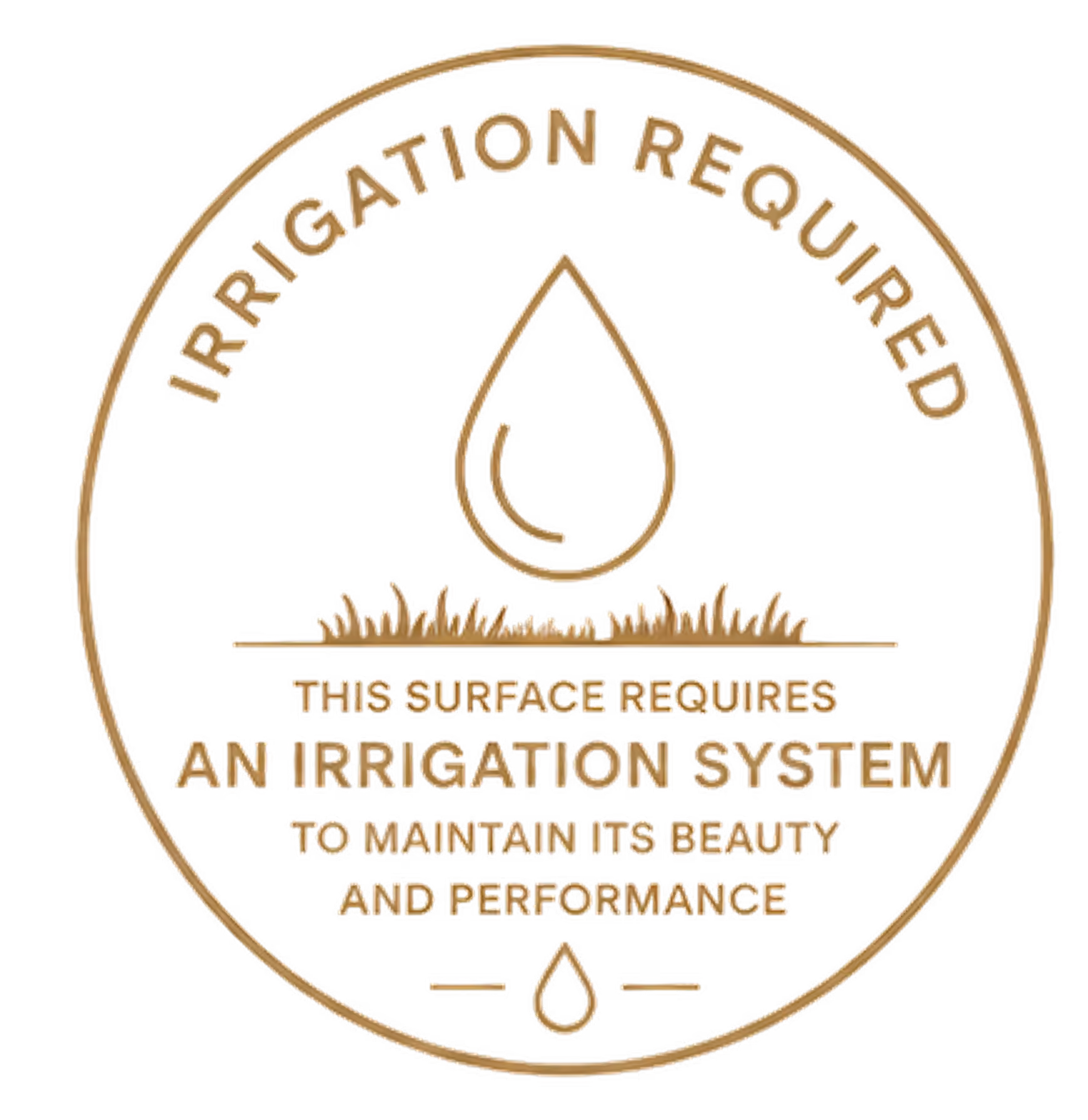 Badge with water droplet and grass reading irrigation required for surface maintenance.