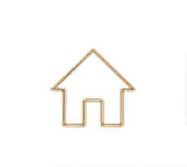 Golden line art of a house with complex interior walls on a black background.