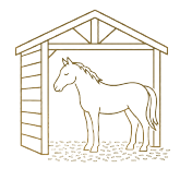Line drawing of a horse standing inside a simple stable structure.