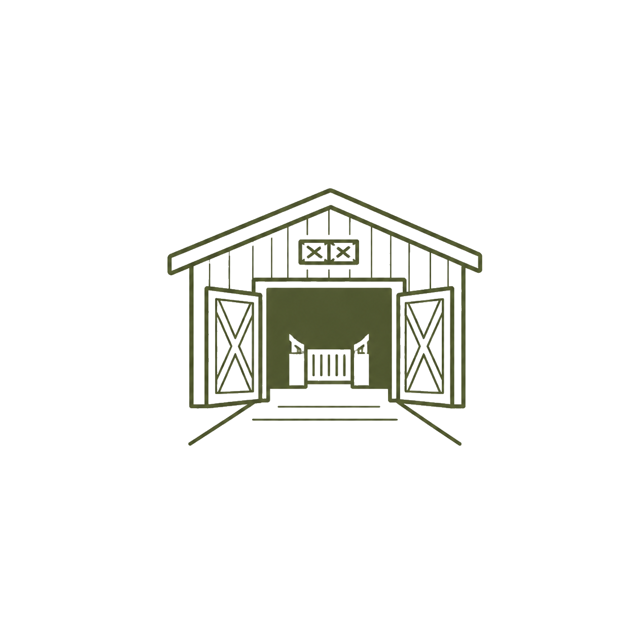 Illustration of a barn with open double doors and a gated entrance inside.