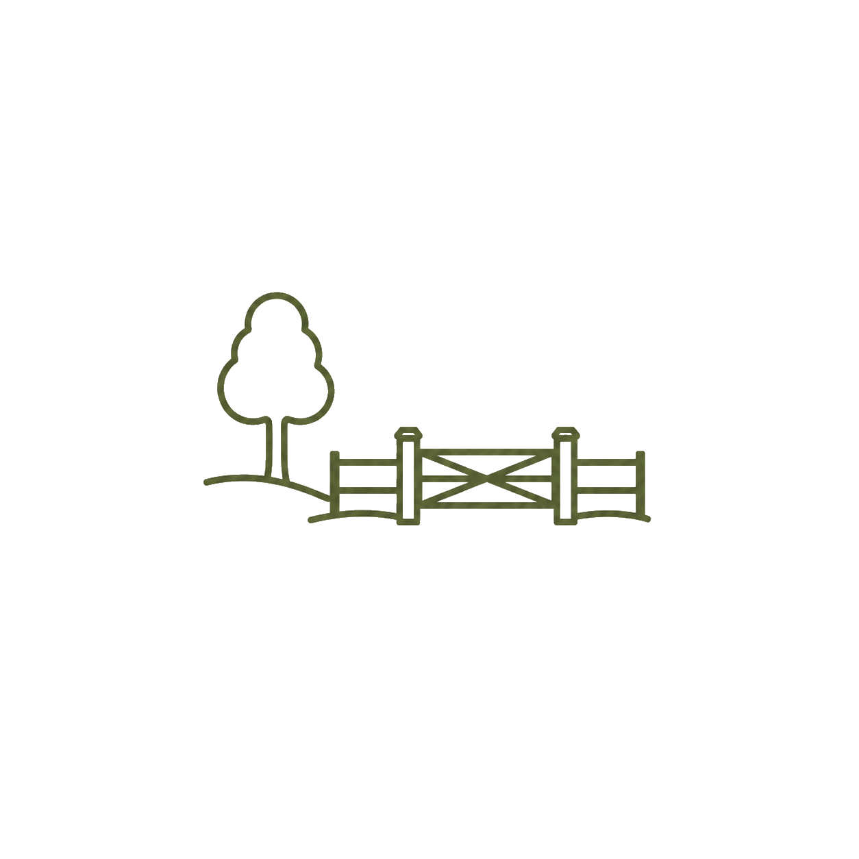 Minimalist outline of a tree and a wooden gate with fencing on each side on a small hill.