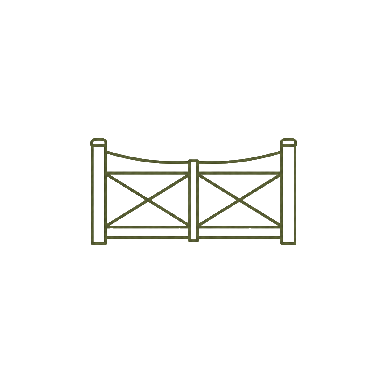 Outlined illustration of a two-part farm gate with crossed braces and curved top rope.