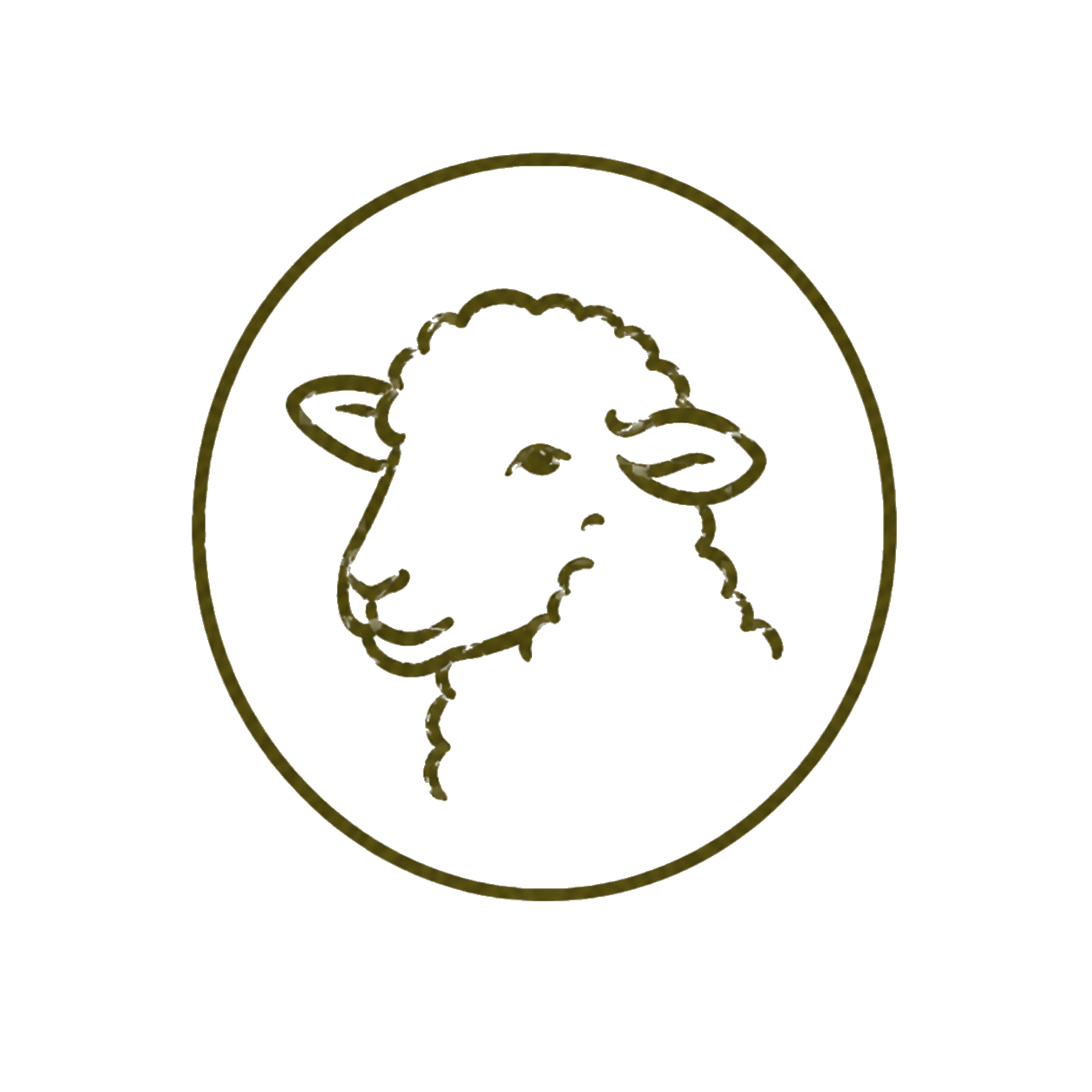 Brown outline drawing of a sheep's head in a circle on black background.
