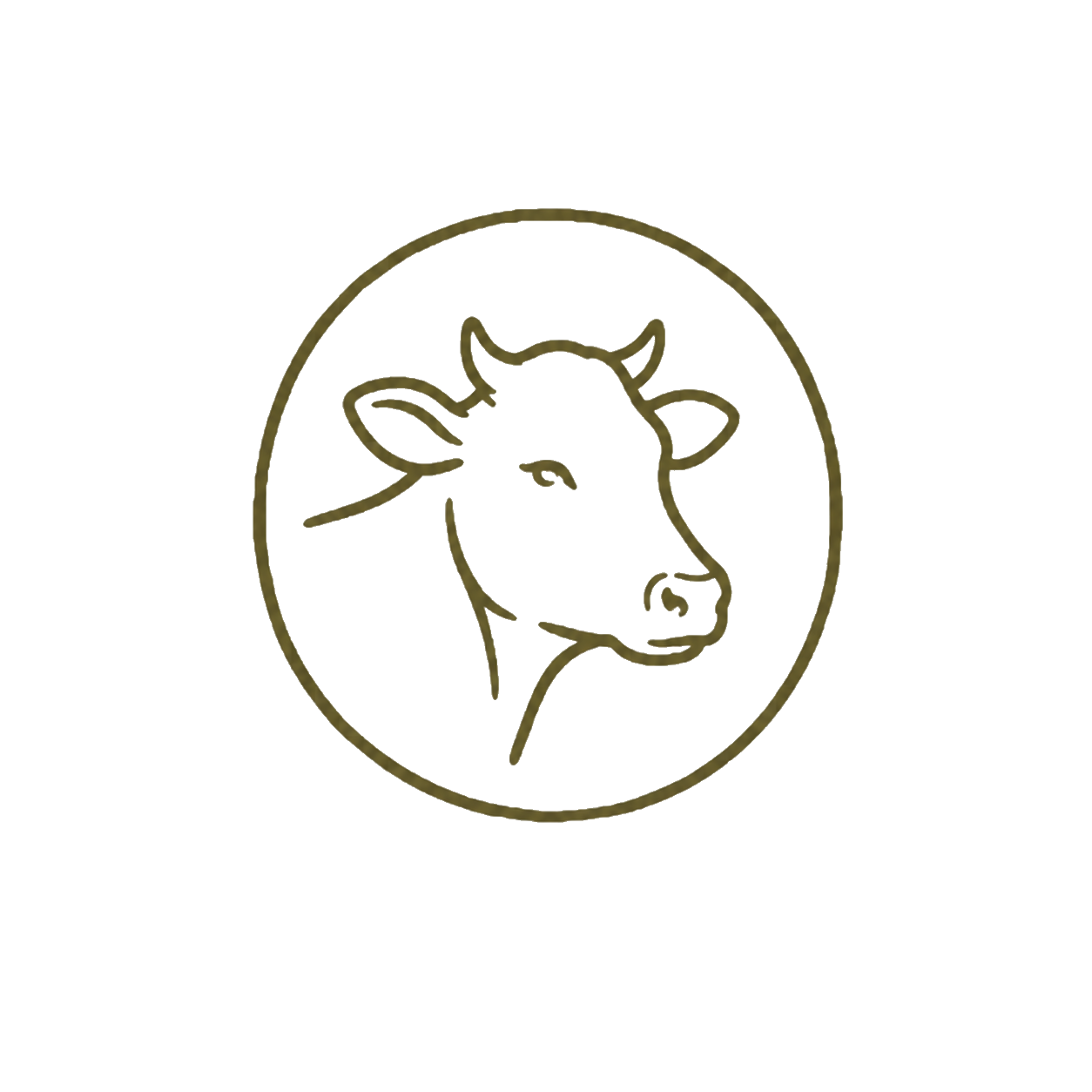 Outline of a cow’s head with horns inside a circle on a transparent background.