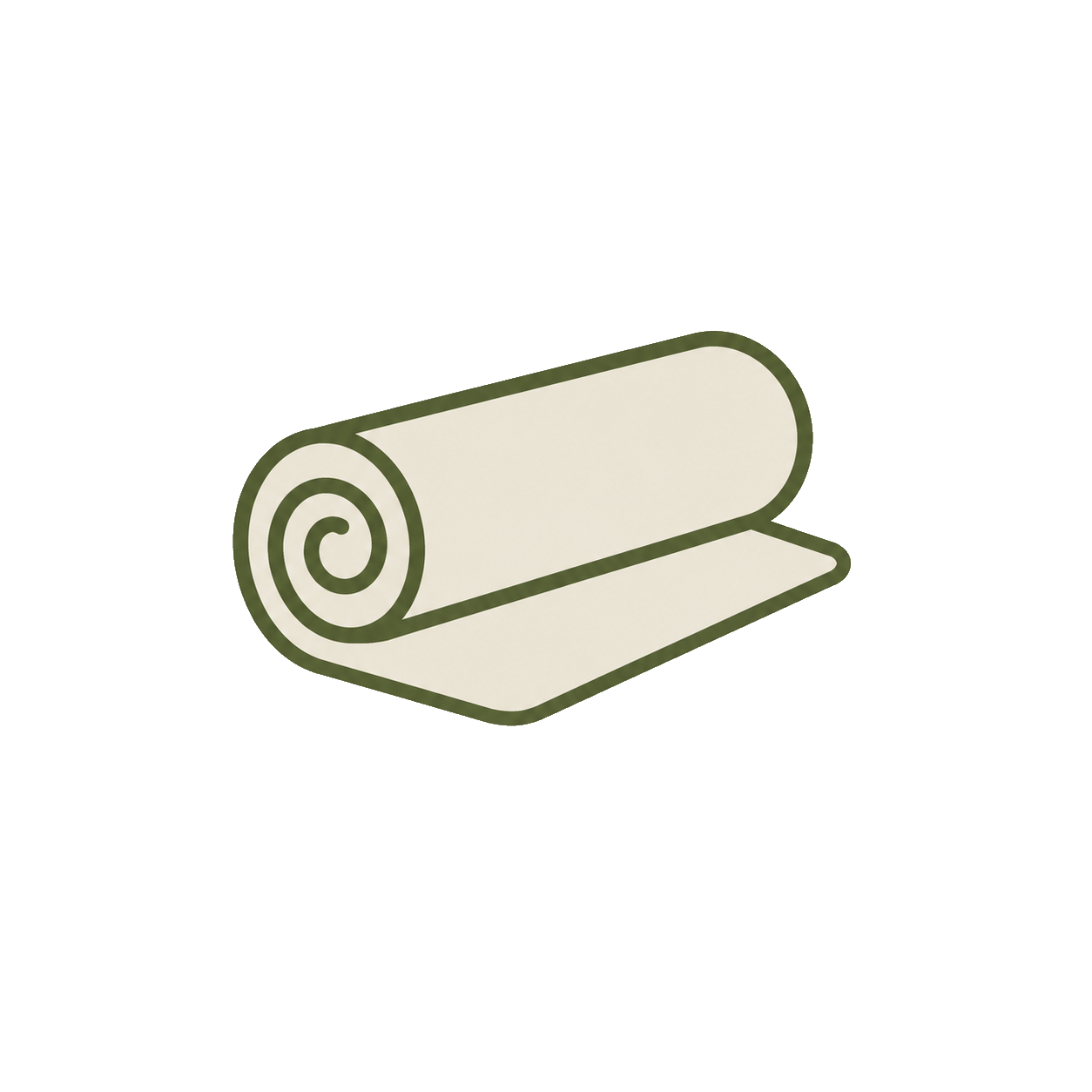 Rolled-up beige yoga or exercise mat icon with green outline on transparent background.