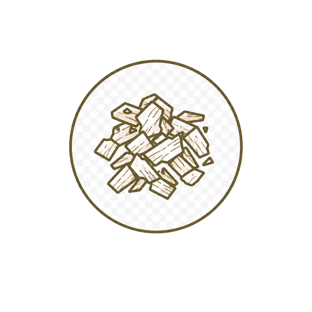 Illustration of scattered wood chips inside a circle with a brown border.