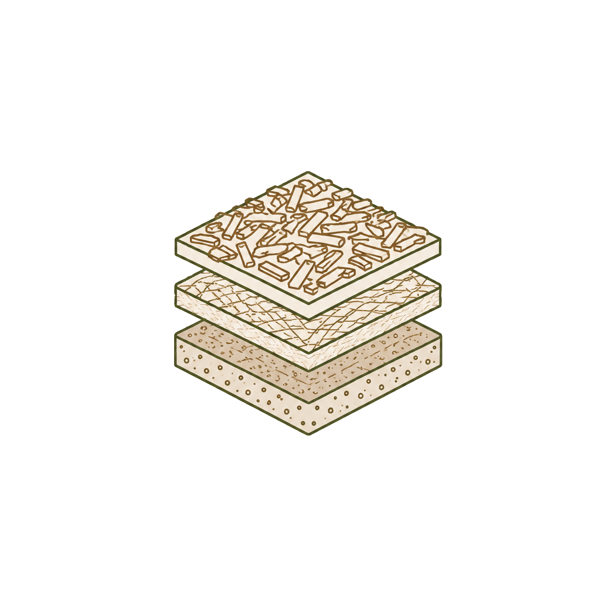 Stack of four textured layers, top layer has scattered wood chip shapes.