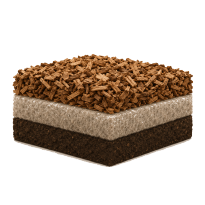 Cross-section of soil layers with top mulch, middle soil, and bottom dark soil layer.