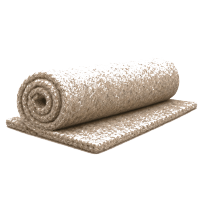 Beige rolled carpet partially unrolled on white background.