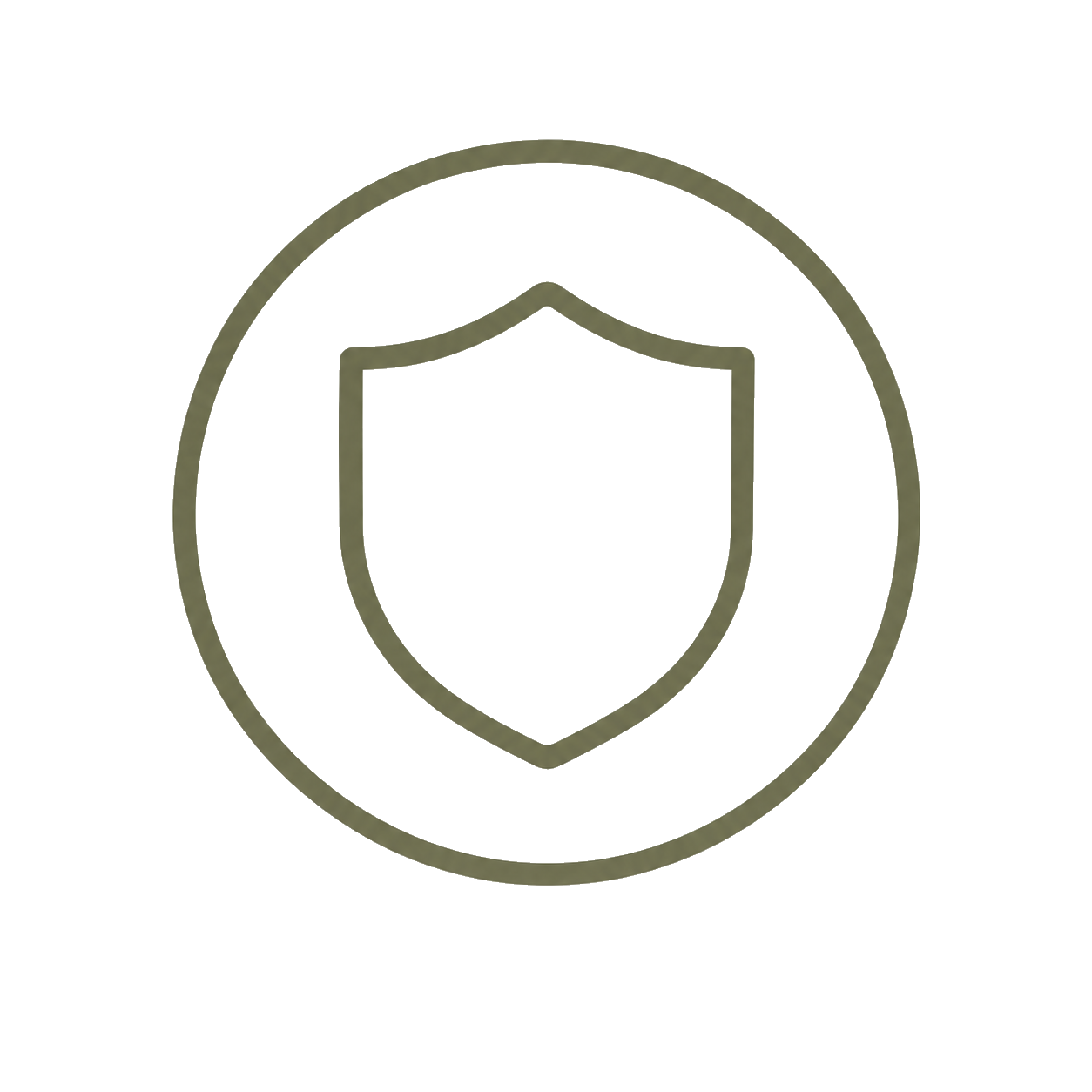 Outline of a shield inside a circle on a transparent background.
