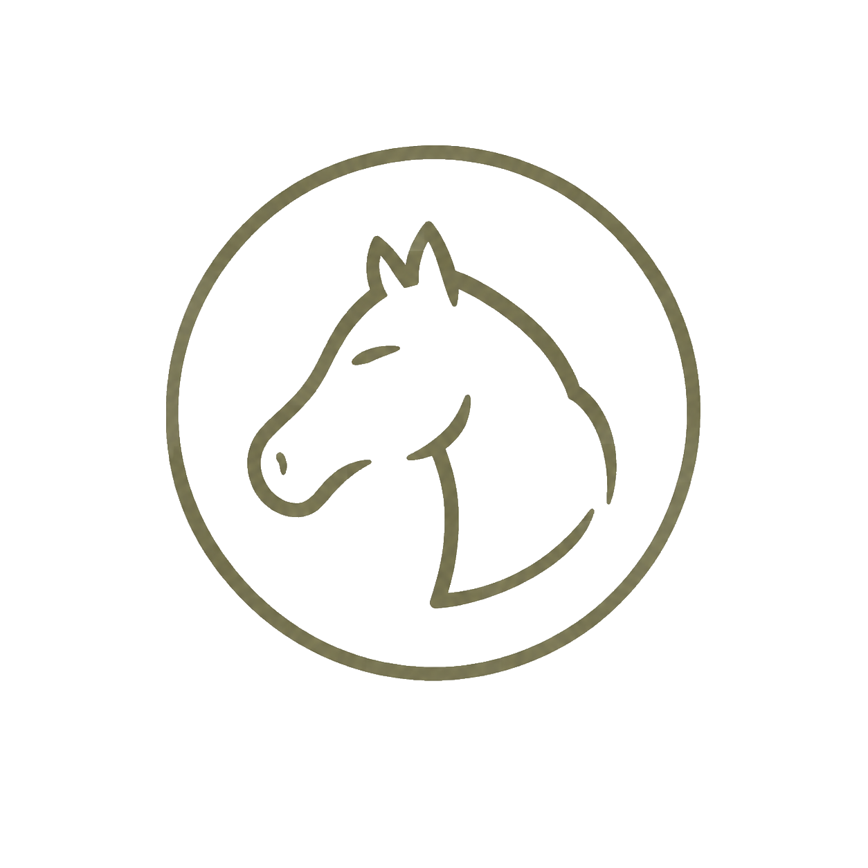 Outline of a horse head inside a circle on a black background.