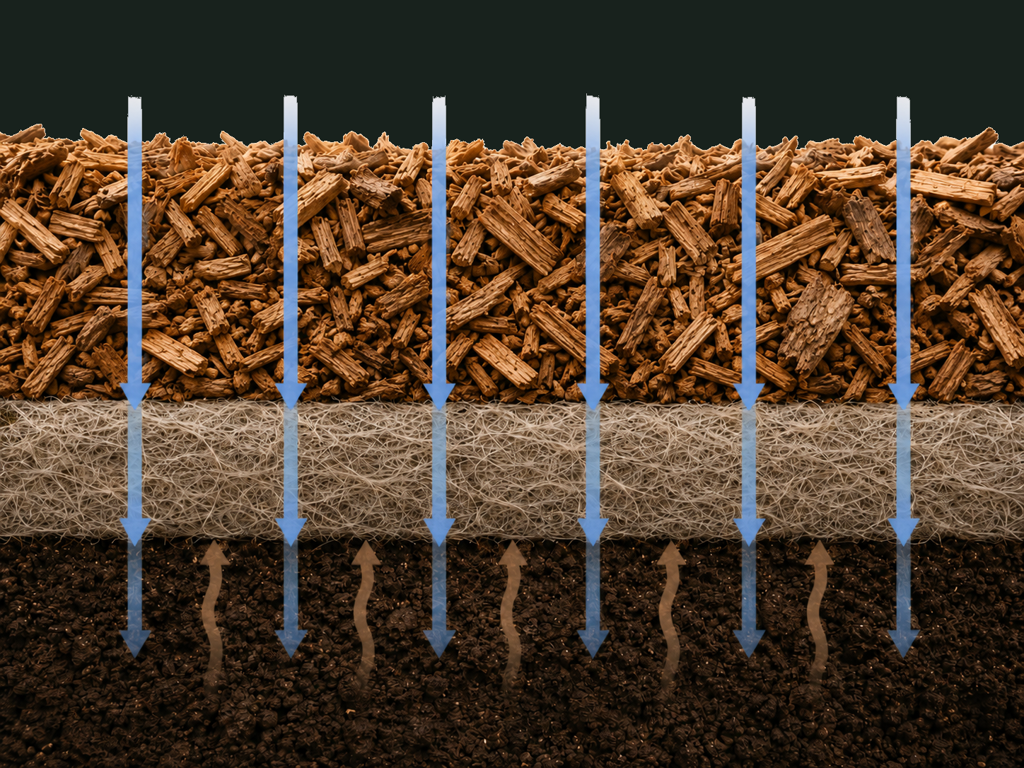 Cross-section showing layers of wood chips, fibrous mat, and soil with blue arrows indicating water flow downward.