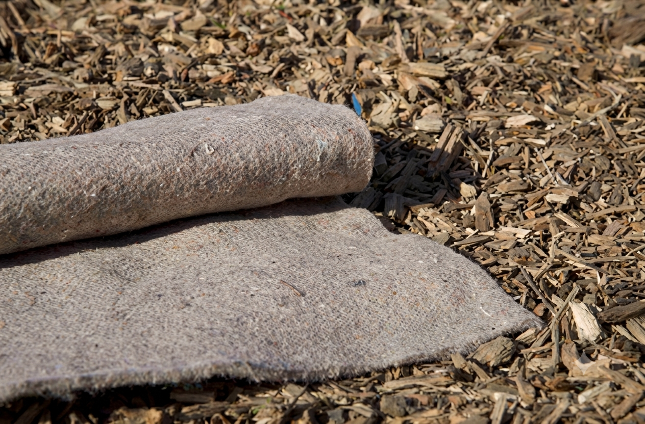 Rolled landscape fabric partially unrolled on mulch ground outdoors.