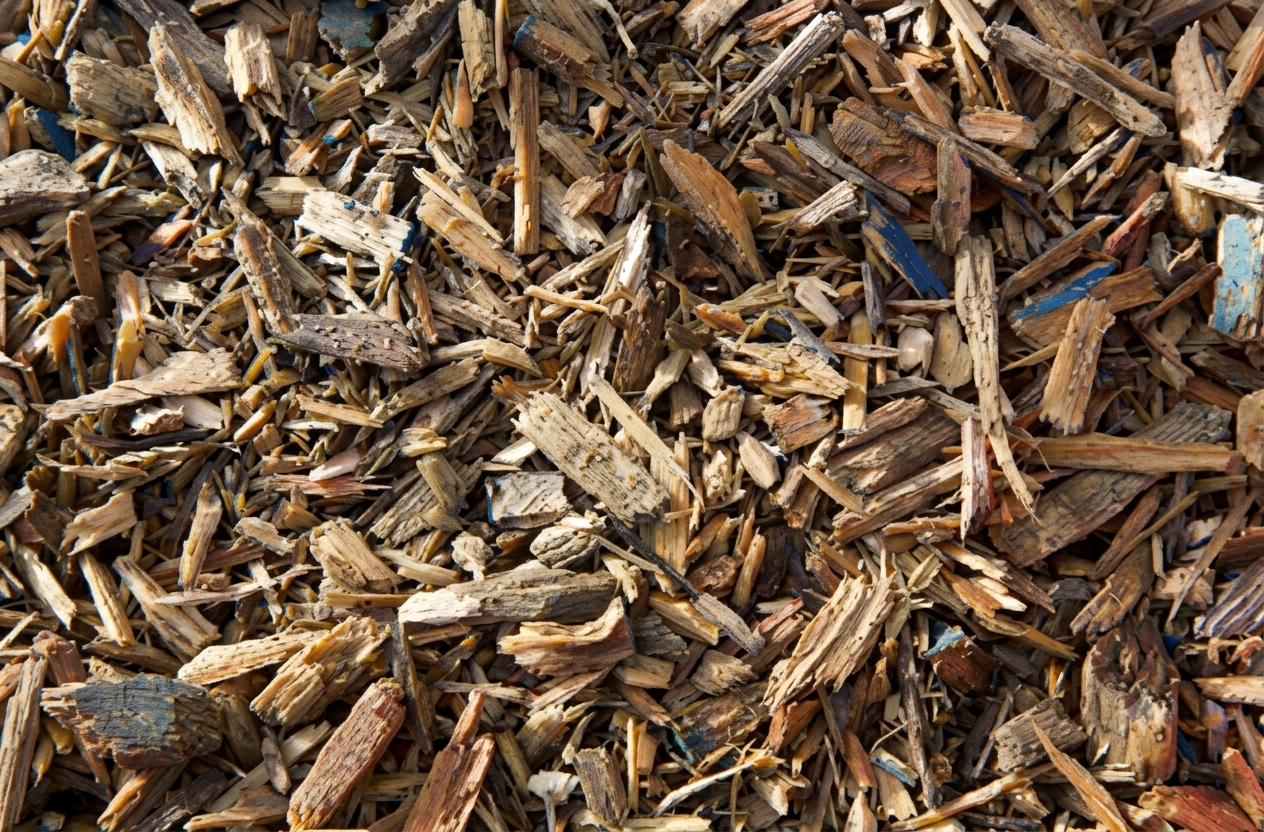 Close-up of brown wood mulch chips scattered on the ground.