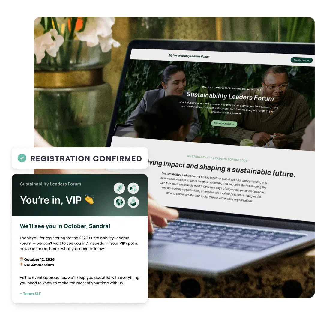 Registration confirmation email for the Sustainability Leaders Forum shown on a laptop