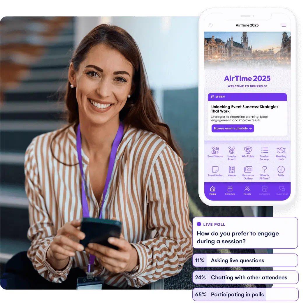 Attendee using the AirTime 2025 event app on a phone, with live poll results alongside