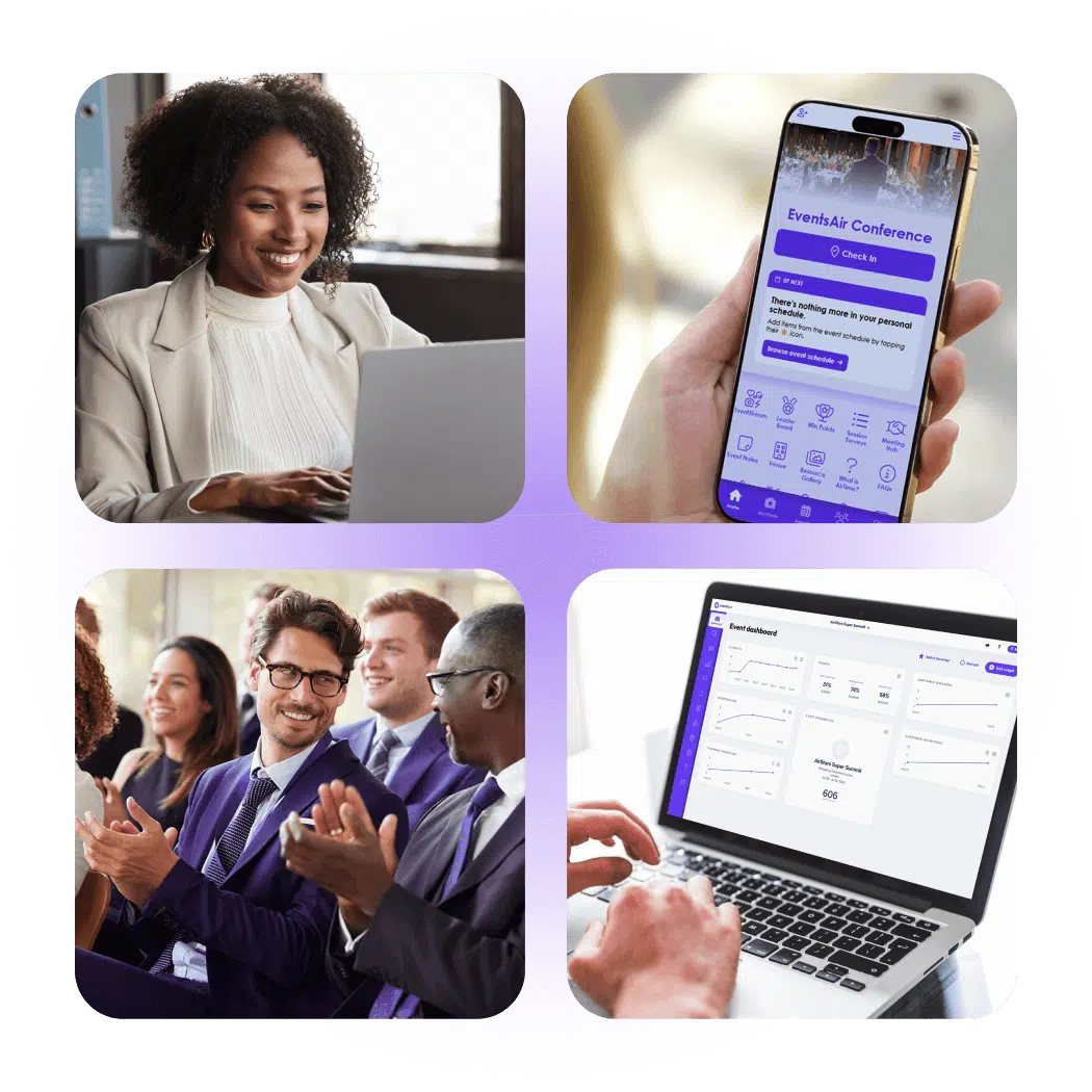 Collage of an event planner on a laptop, the attendee app on a phone, applauding delegates and a reporting dashboard