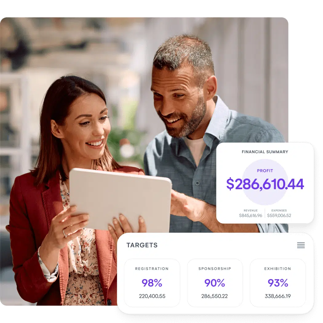Two event planners reviewing a tablet, with financial summary and event targets panels