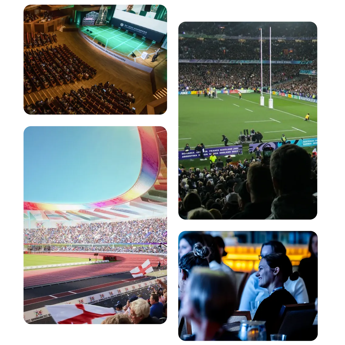 Collage of event audiences in a conference hall, sports stadiums and an awards dinner