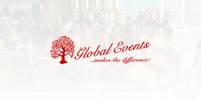 Global Events logo over a faded photo of a busy conference foyer
