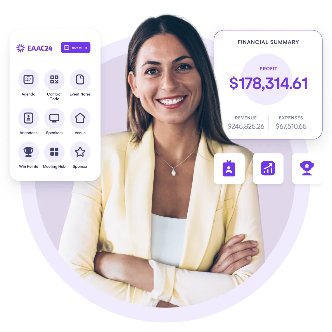 Smiling event manager with EventsAir event app menu and financial summary panels around her