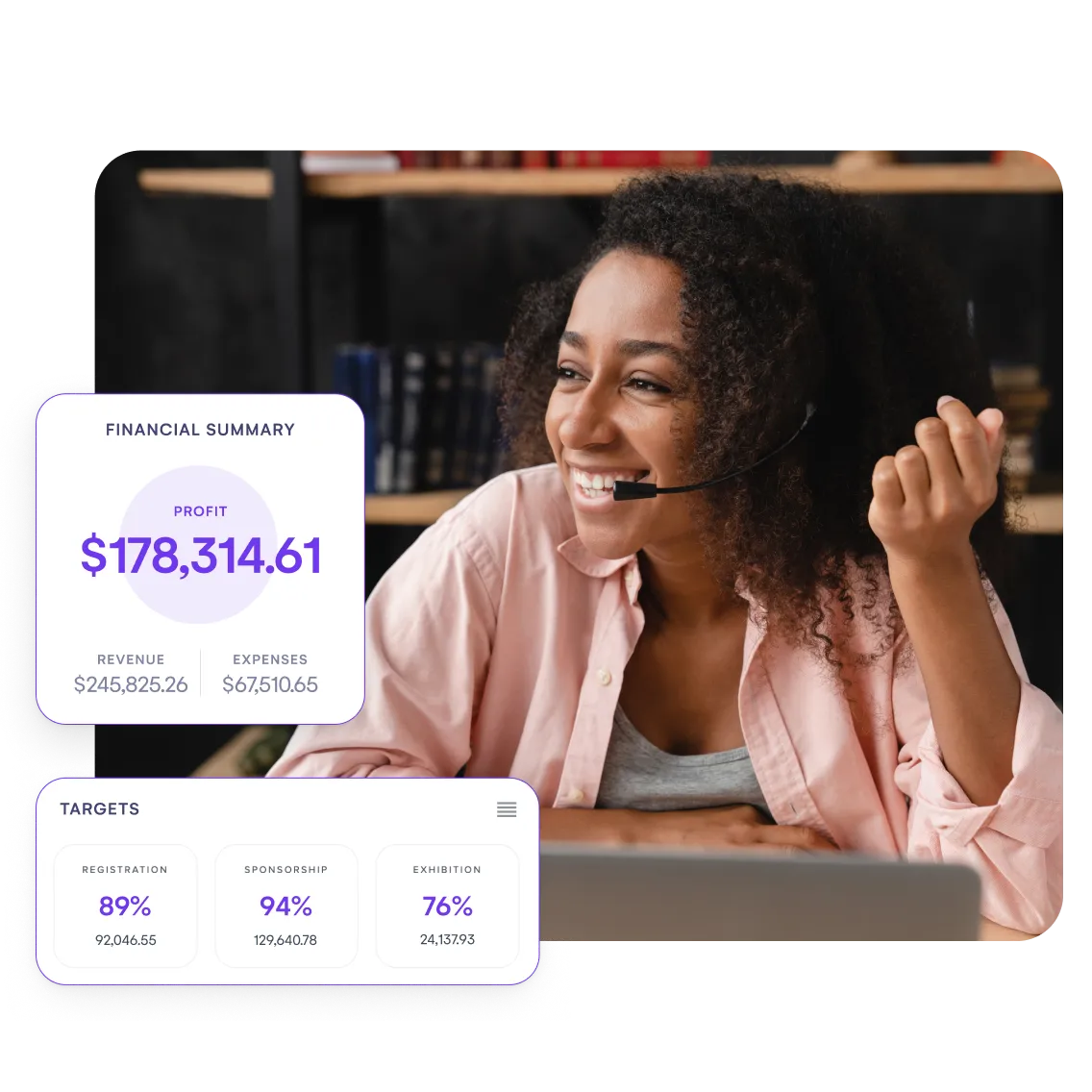 Smiling event manager wearing a headset, with financial summary and registration target panels