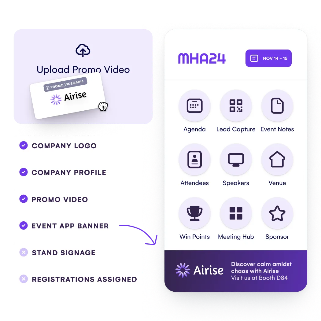 Sponsor onboarding checklist beside an event app screen showing the sponsor's logo and banner