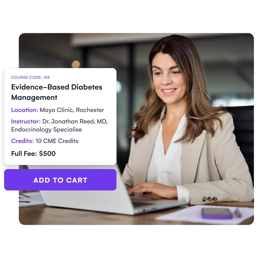 Continuing education course listing with CME credits and an add to cart button