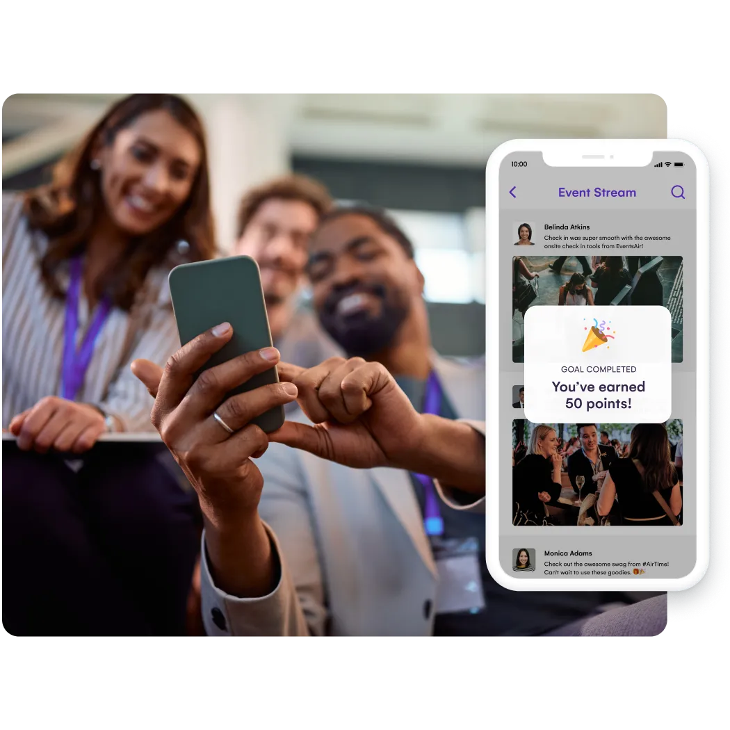Attendees laughing over a phone, beside an event stream feed awarding 50 points for a completed goal