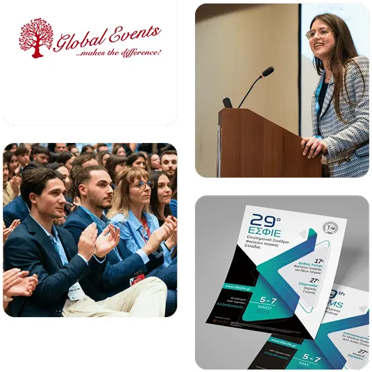 Global Events collage: logo, speaker at a lectern, applauding audience and conference posters