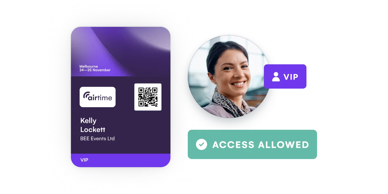 Event badge with QR code beside an attendee photo tagged VIP and an access allowed confirmation