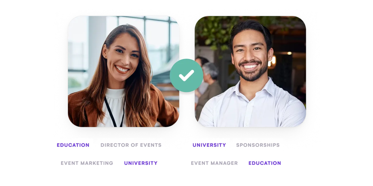 Two attendee profiles matched by shared education and university interests, marked with a tick