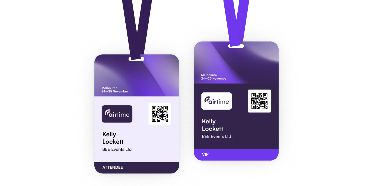 Two custom event name badges on lanyards with QR codes, one attendee and one VIP
