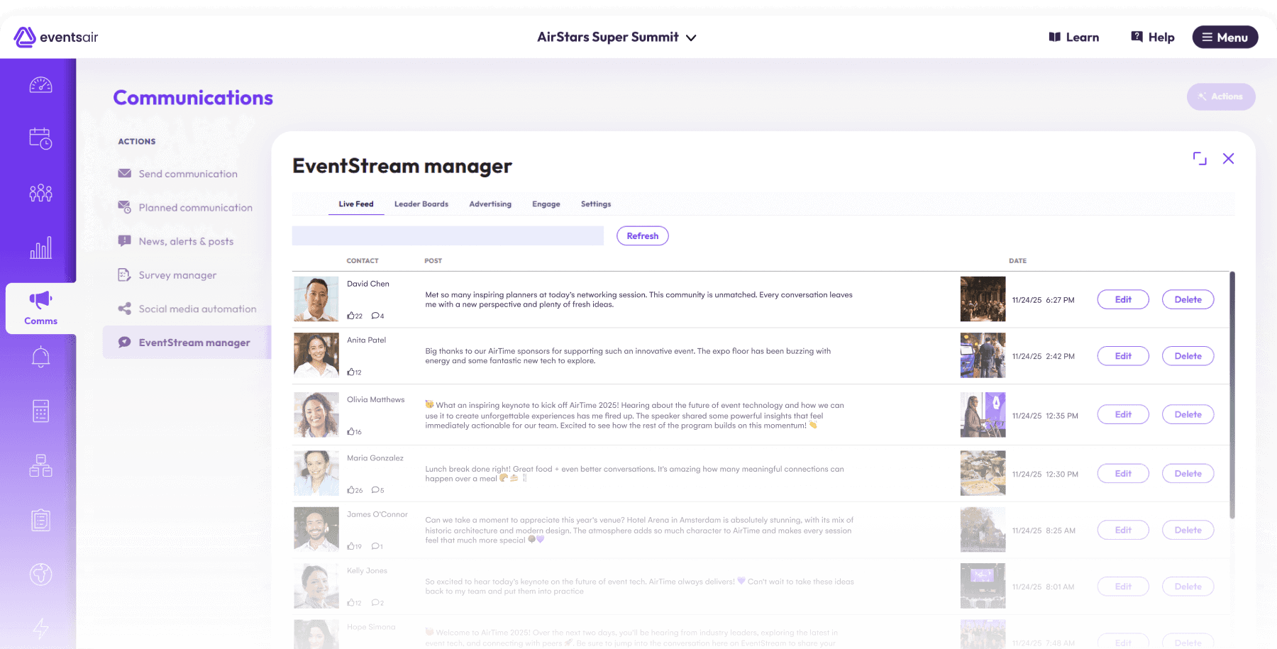EventsAir Communications screen showing the EventStream manager live feed of attendee posts