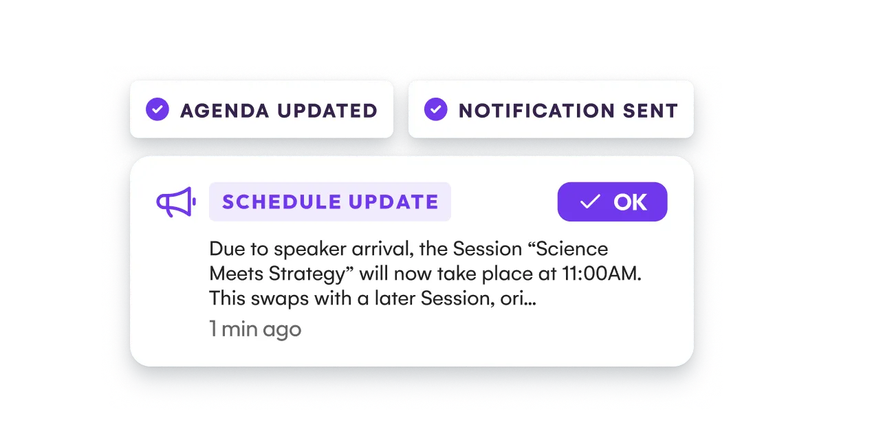 Schedule update alert notifying attendees that a session time has changed