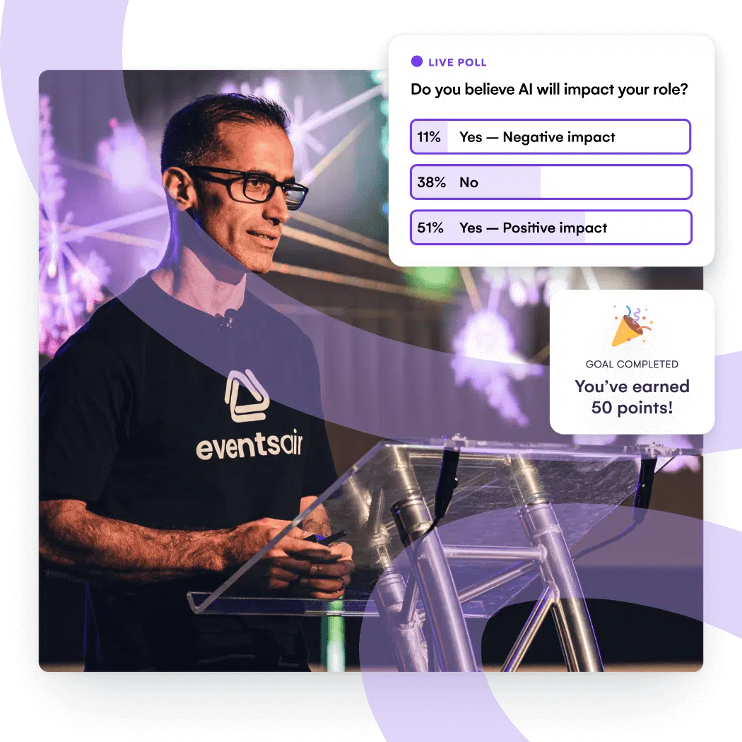 Speaker in an EventsAir shirt on stage beside a live poll and a gamification points notification