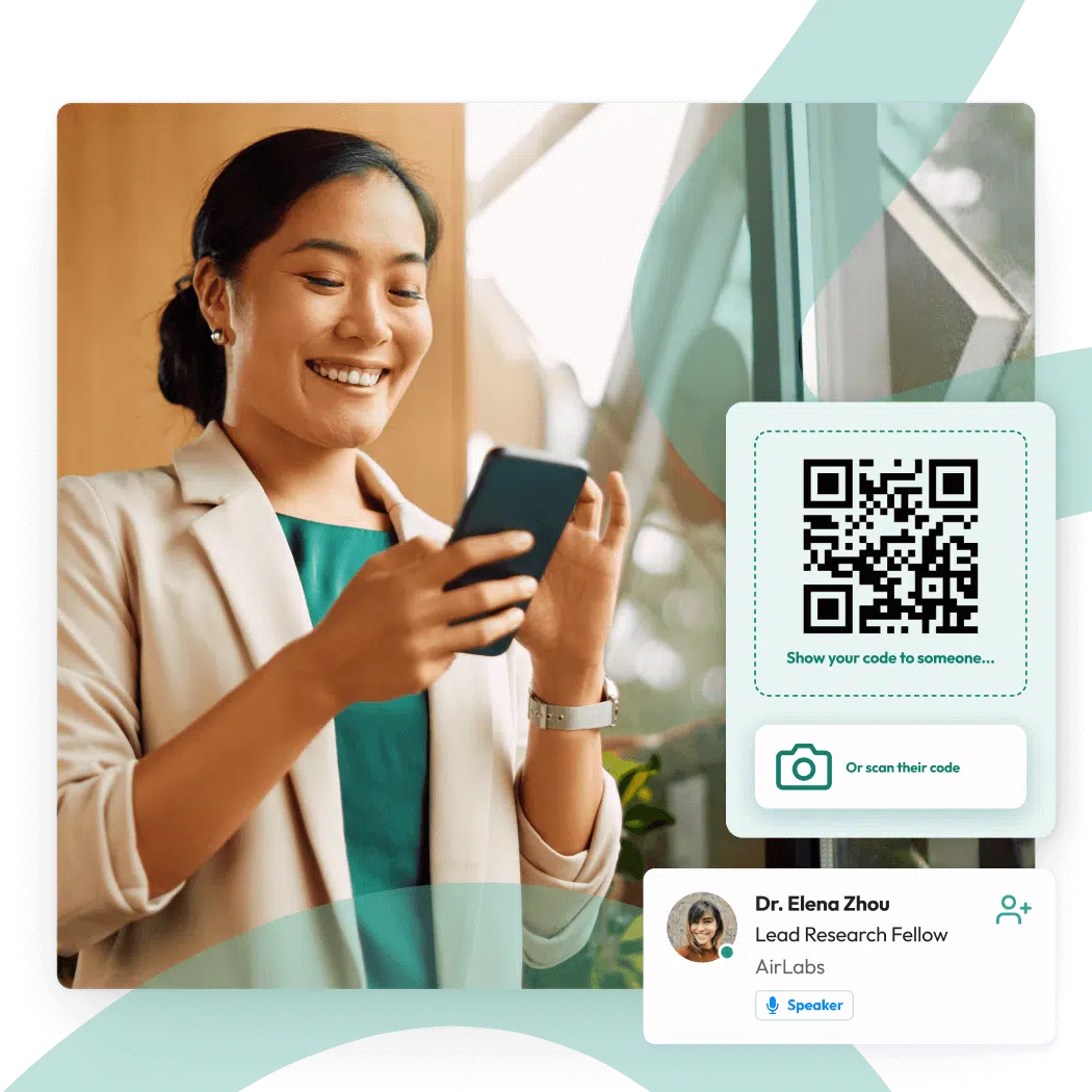 Attendee using a phone to share a contact QR code and view a speaker's networking profile