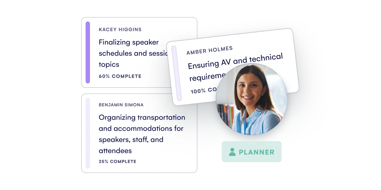 Task cards assigned to team members with completion percentages and an event planner profile