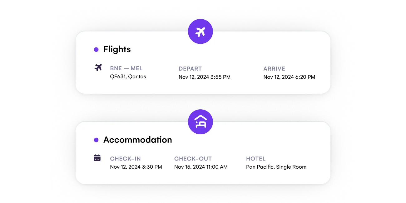 Travel itinerary cards showing a Brisbane to Melbourne flight and hotel accommodation details