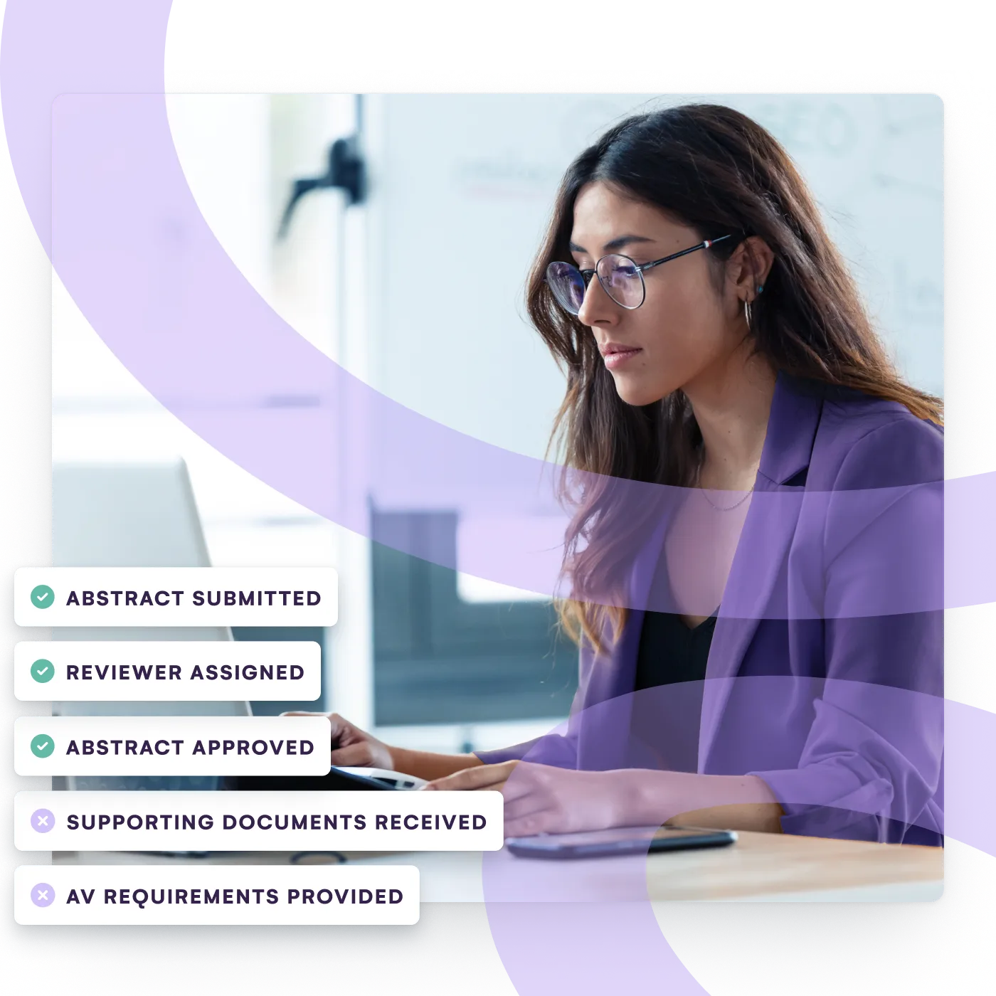 Woman working at a laptop beside an abstract submission checklist showing review and approval progress