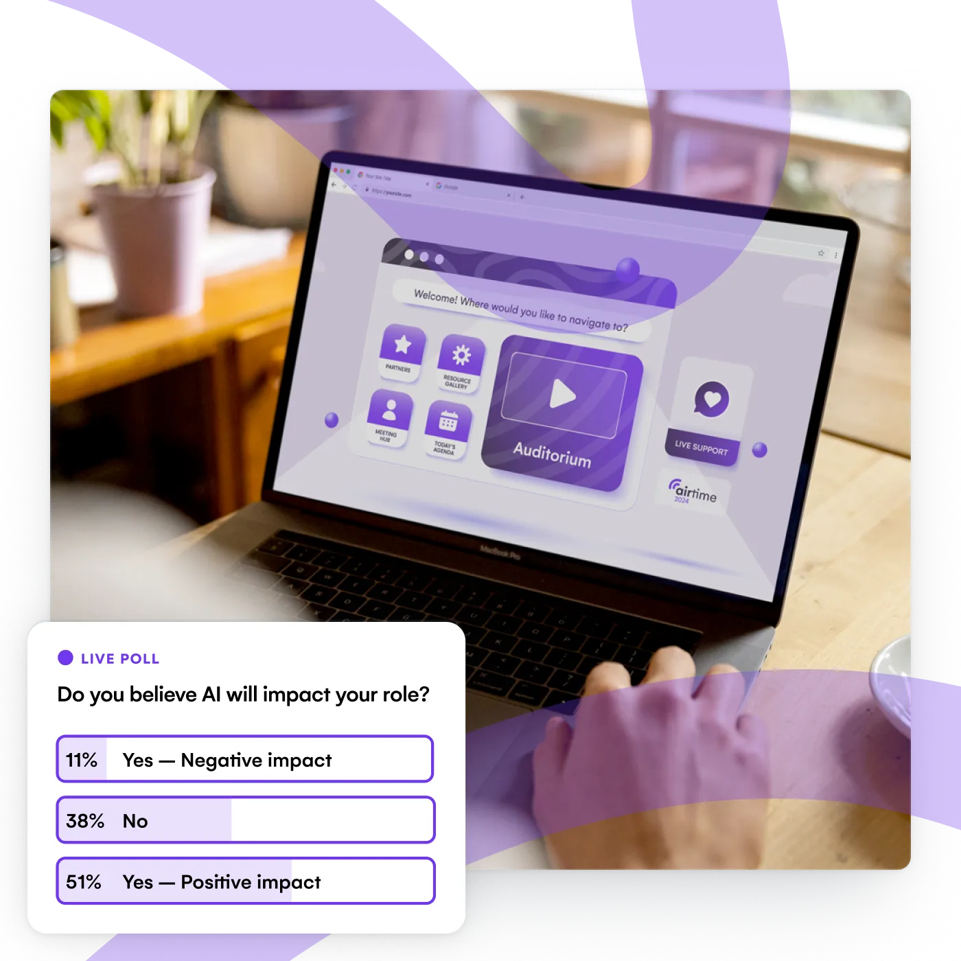 Virtual event lobby on a laptop with a live poll asking whether AI will impact attendees' roles