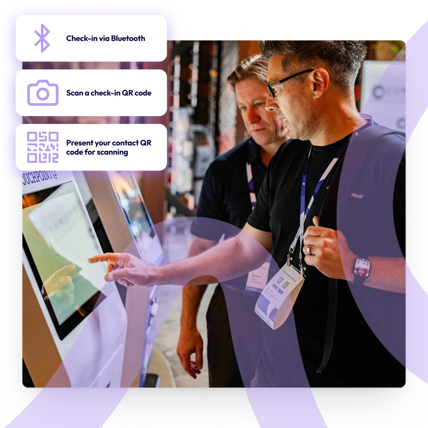 Attendees at a check-in kiosk, with Bluetooth, QR scan and contact QR check-in options listed