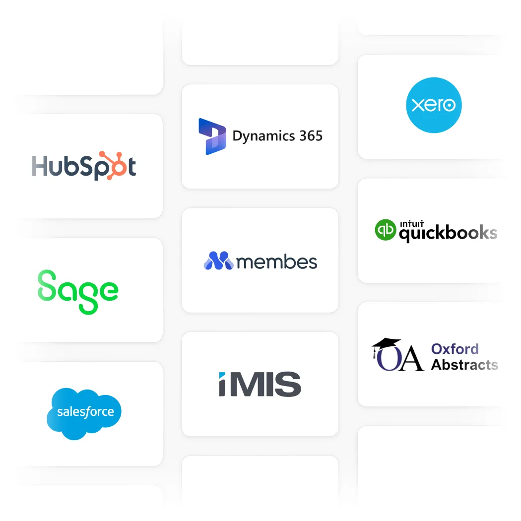 Integration partner logos including HubSpot, Salesforce, Xero, QuickBooks, Dynamics 365 and iMIS
