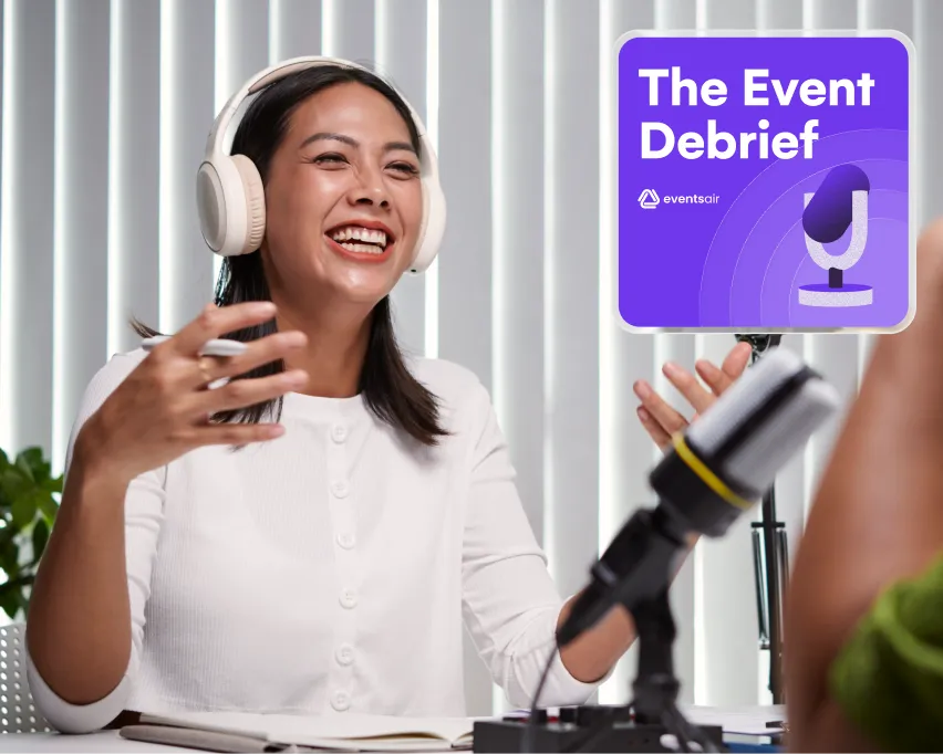 Host recording The Event Debrief podcast by EventsAir, with the show cover art