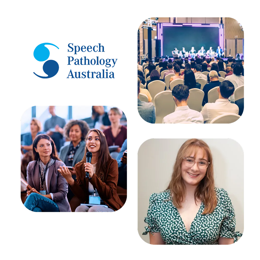 Speech Pathology Australia logo with conference photos and headshot of award winner Renae Hobson