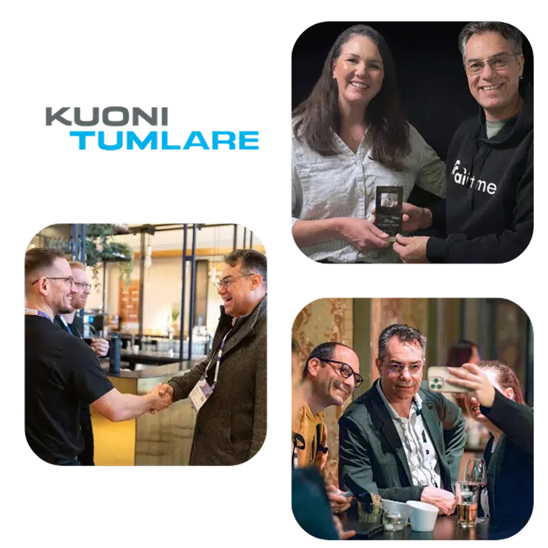 Kuoni Tumlare logo with photos of award winner Franck Grosset and event networking moments
