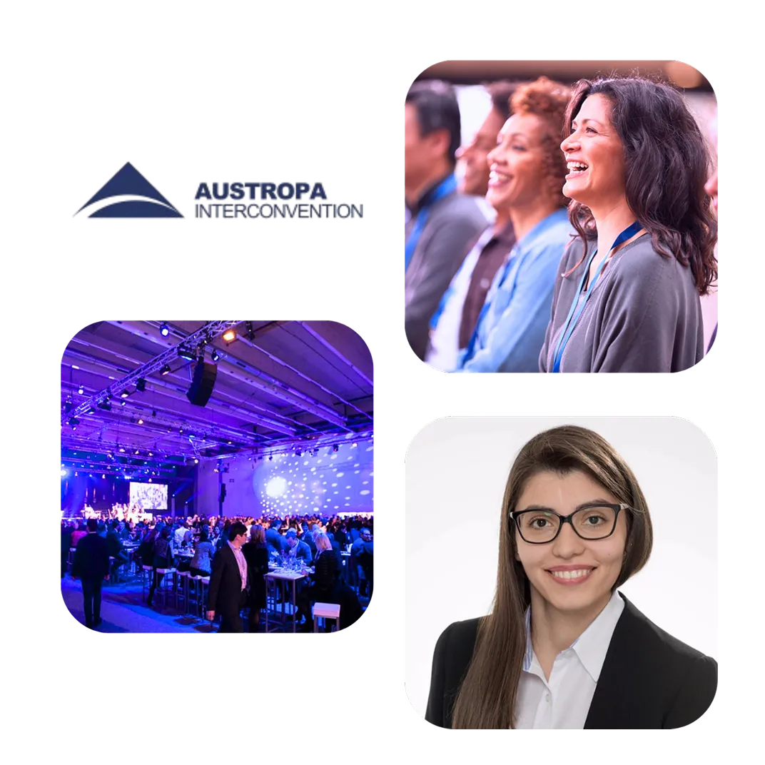 Austropa Interconvention logo with conference audience photos and headshot of award winner Alexandra Samara