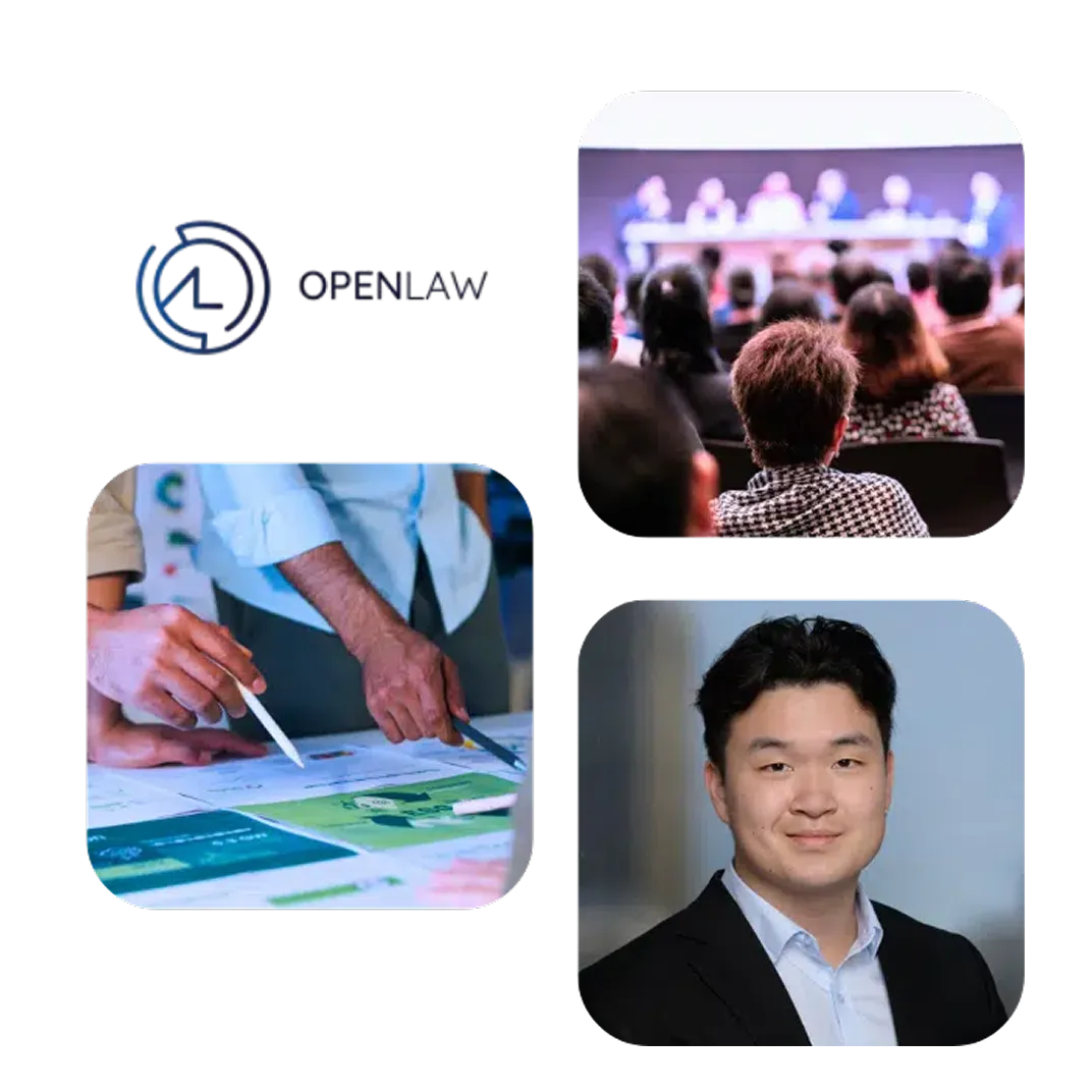 OpenLaw logo with conference audience, planning session and headshot of award winner Michael Lockett