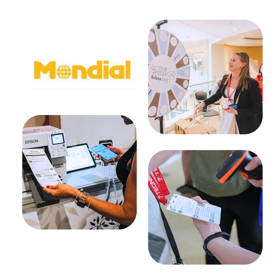 Mondial logo with FELASA congress registration desk, badge printing and badge scanning photos