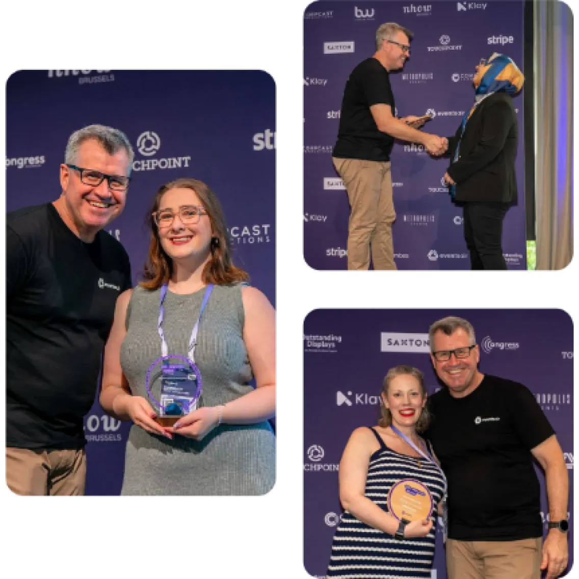 Winners receiving EventsAir Innovation Awards trophies at a sponsor media wall